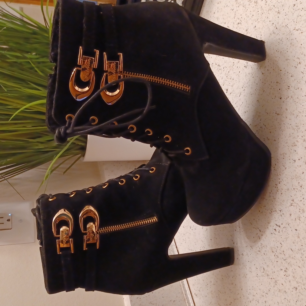 Susanny Sexy High Heel Boots, Lace up, Black & Gold